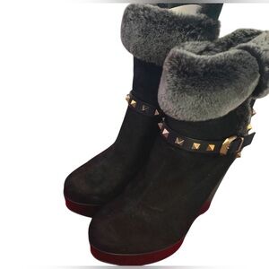 Valentino Black Suede and Faux Fur Rockstud boots